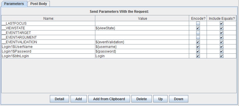 Login POST Configuration with username, password Variables